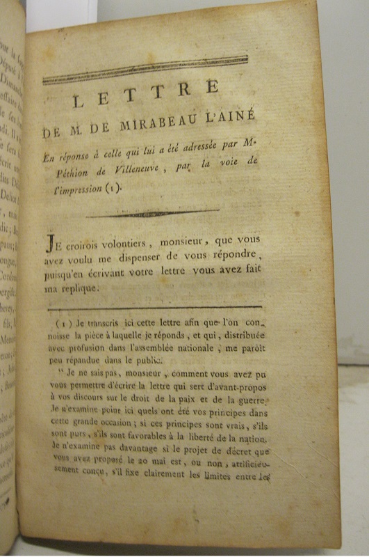Lettre de M. De Mirabeau l'ainé en réponse à celle qui lui a été addressée par M. Péthion de Villeneuve par la voie de l'impression